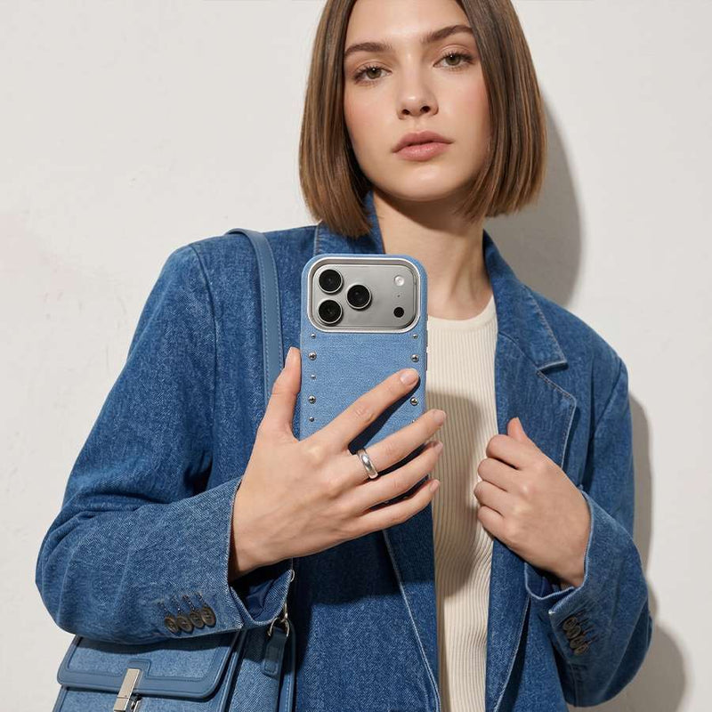 Detalle del acabado vaquero de la funda Denim MagBattery para iPhone 17 Pro Max
