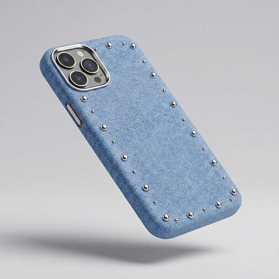 Funda Denim MagBattery para iPhone 12 — vista trasera con cierre magnético
