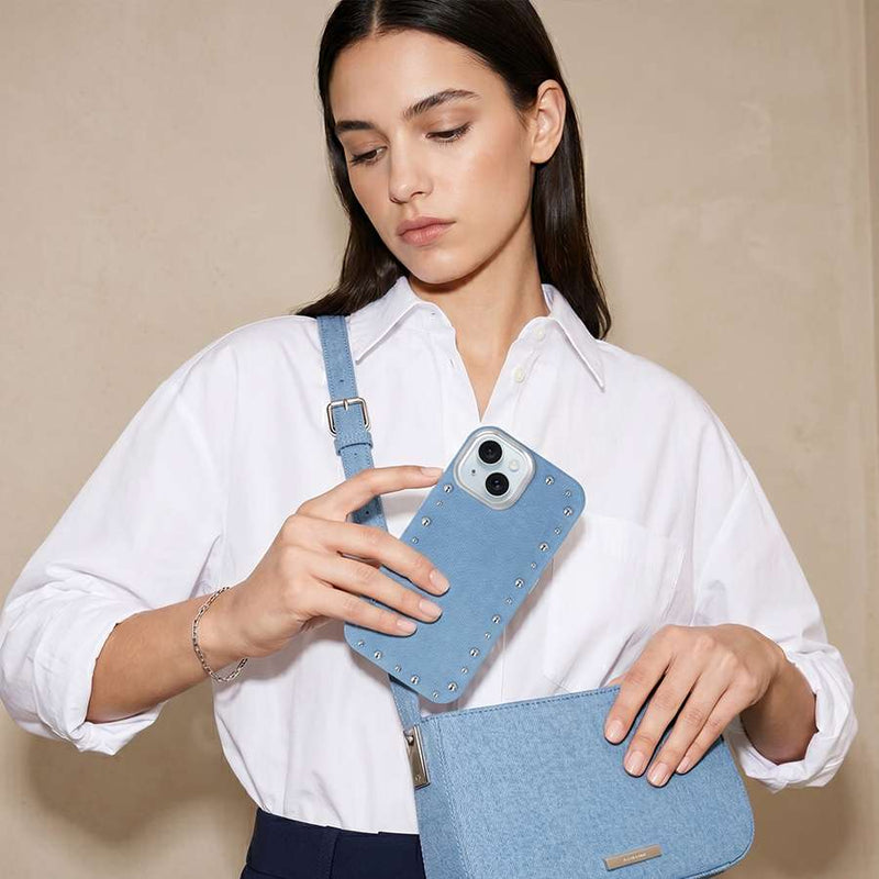 Detalle del acabado vaquero de la funda Denim MagBattery para iPhone 13
