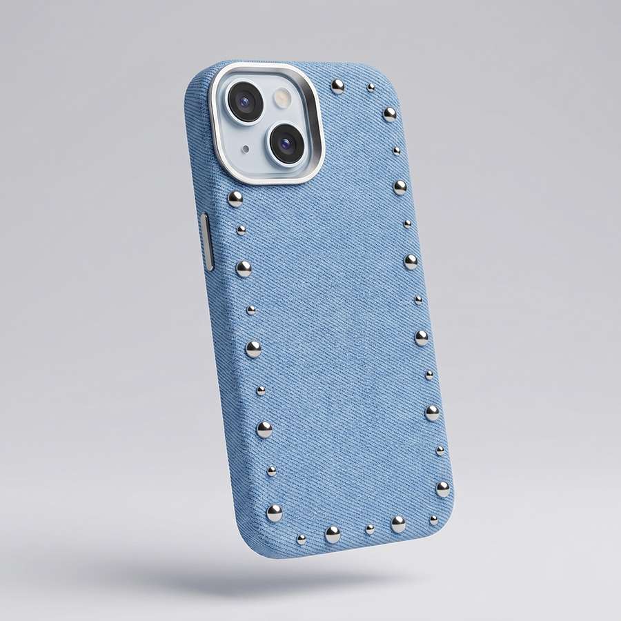 Funda Denim MagBattery para iPhone 14 — vista trasera con cierre magnético
