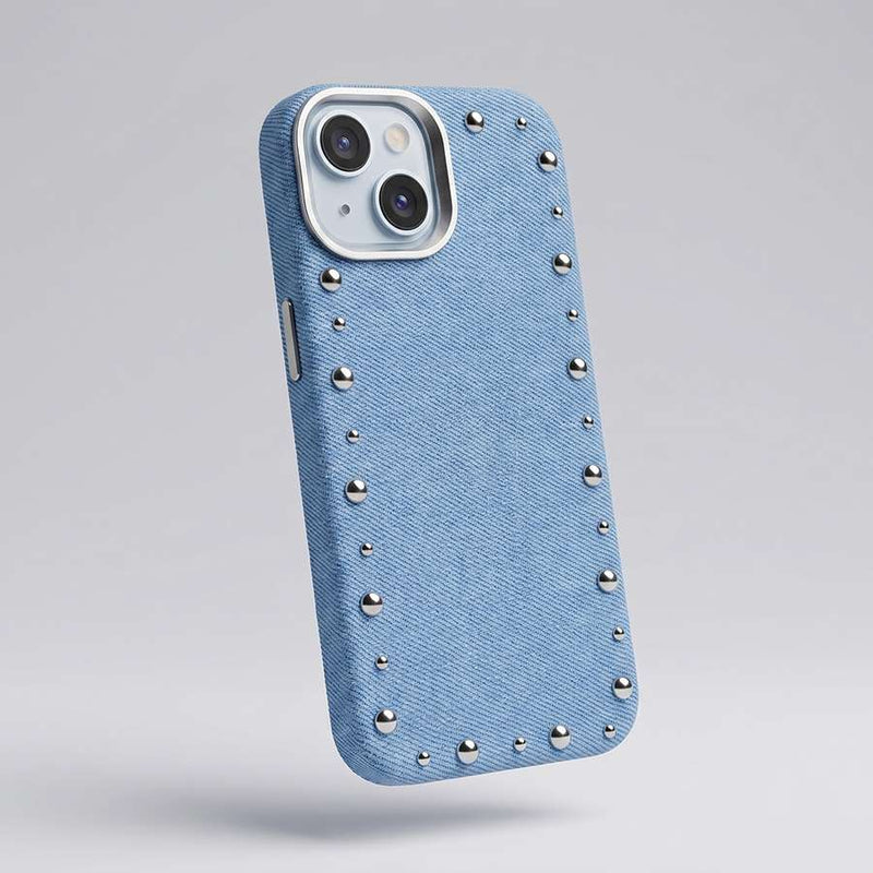 Funda Denim MagBattery para iPhone 14 — vista trasera con cierre magnético
