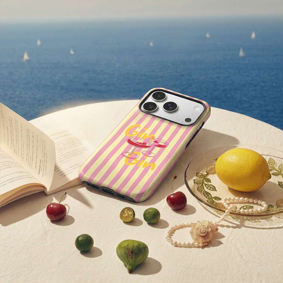 Funda Tough Gin Rosé – Detalle del estampado en tonos rosa
